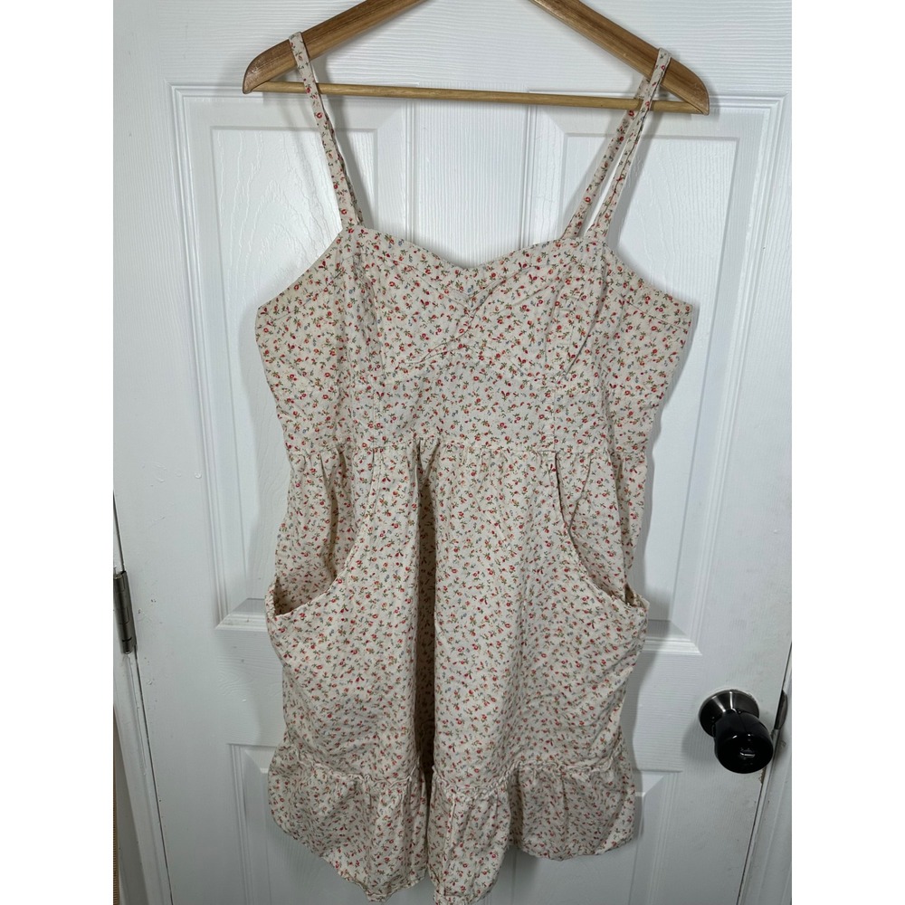 Wild Fable Dress Womens XL Cream Floral Mini Smocked Back Ruffle Hem Pockets